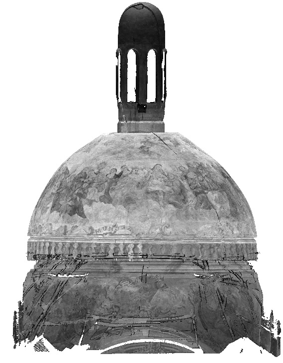 Skan laserowy kopuły kaplicy bł. Ładysława z Gielniowa, stan przed konserwacją. Widok chmury punktów w płaszczyźnie pionowej.