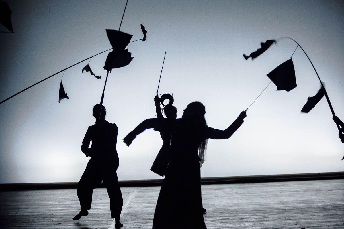 Ciemne sylwetki trzech poruszających się gwałtownie ciemnych postaci w obcisłych strojach na tle jasnego tła. W dłoniach trzymają kije z przymocowanymi do nich tkaninami imitującymi ptaki.