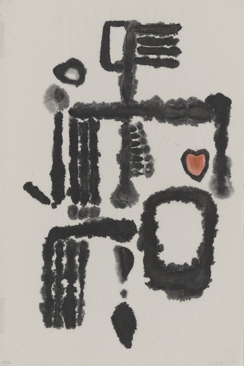 Jerzy Rosołowicz, Postać z czerwonym serduszkiem, 1958, rysunek, farba wodna, tusz lawowany, bibuła japońska, MS/SN/RYS/1824, @ Muzeum Sztuki, Łódź.