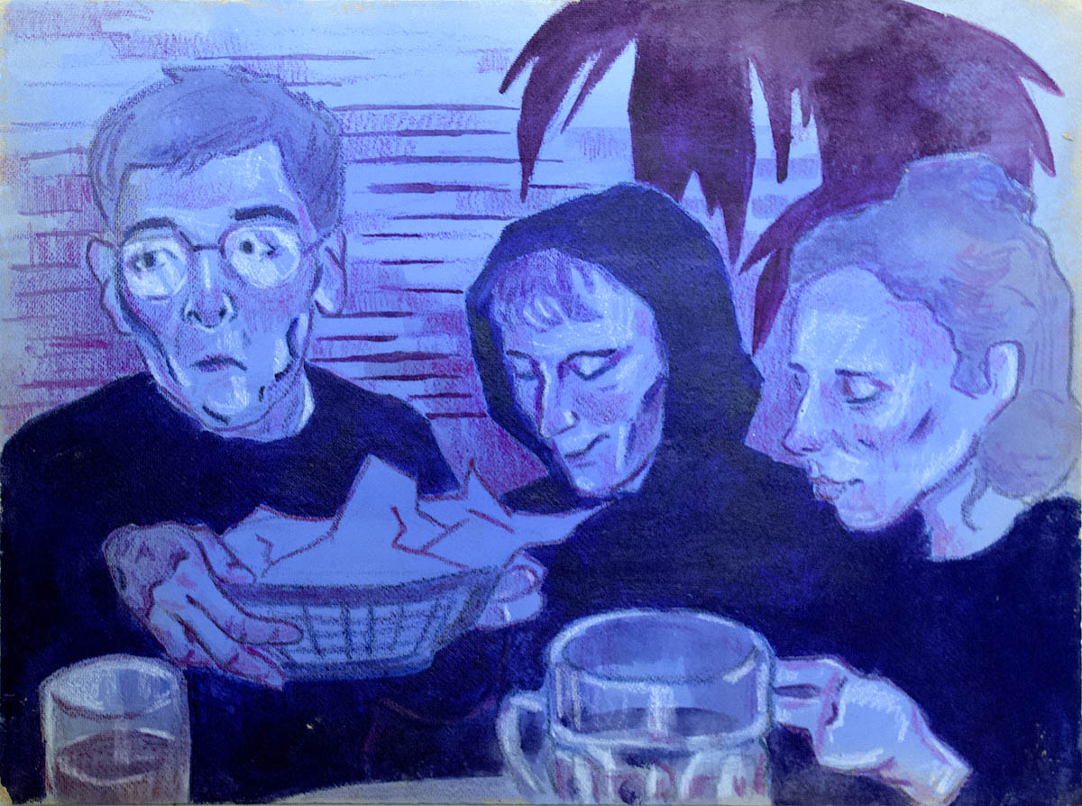 Scena rodzajowa w błękitach i fioletach z trzema postaciami: dwoma mężczyznami i kobietą siedzącymi przy stole, na którym stoją kufle. Mężczyzna z lewej strony podaje dalej koszyk z frytkami na papierze.