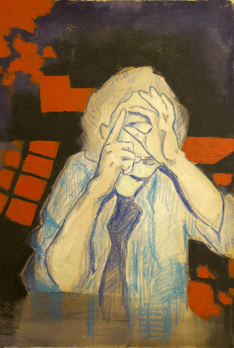 Kobieta narysowana w tonach błękitu, zasłaniająca sobie twarz dłońmi ułożonymi w literę "P" na czarnym tle z abstrakcyjnymi, pomarańczowymi formami.