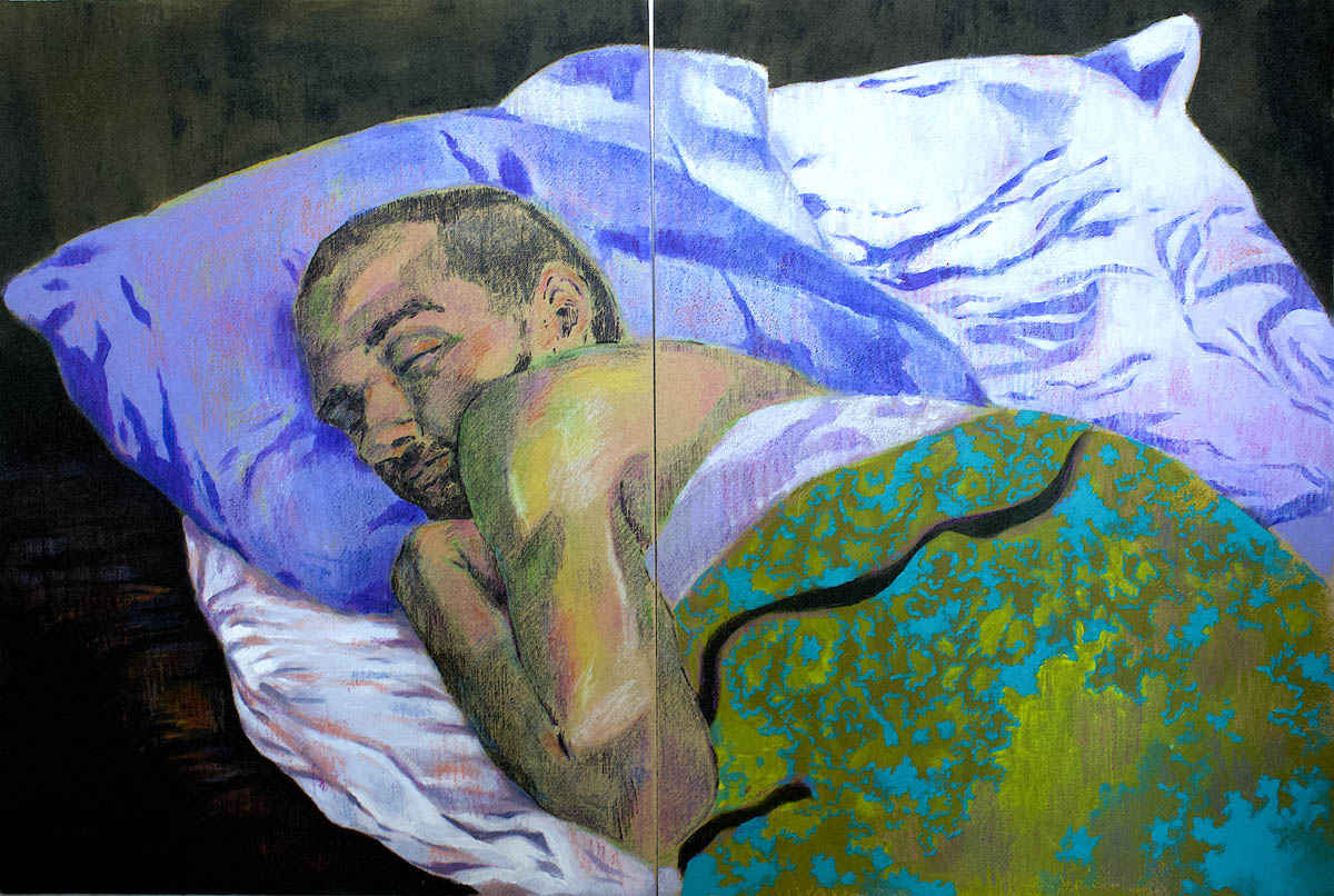 Przedstawienie śpiącego pod wielokolorowym kocem mężczyzny na czarnym tle.