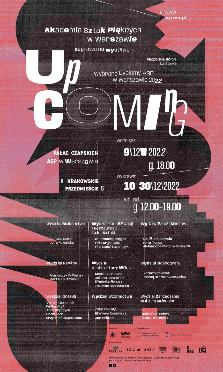 plakat wystawy, białe litery na ciemnym tle, wokół czarnej abstrakcyjnej formy, blado czerwone tło