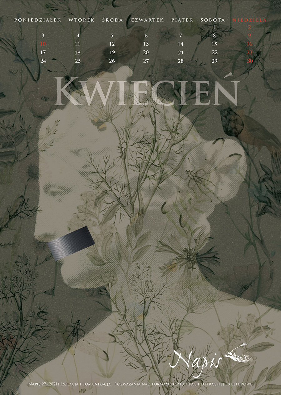 Karta z kalendarza. Narysowany profil antycznej rzeźby z ustami zaklejonymi taśmą izolacyjną