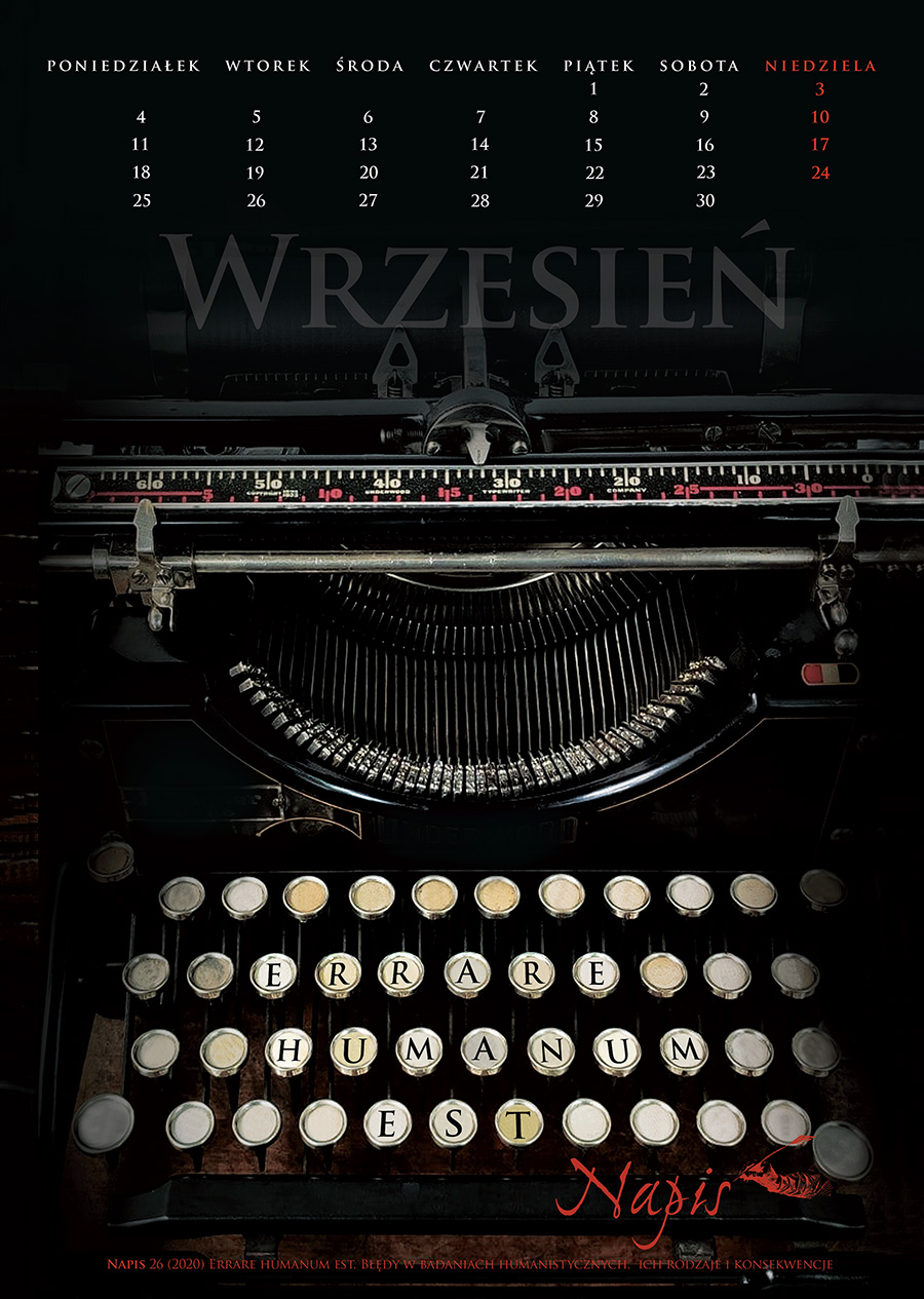 Karta z kalendarza, której tłem jest maszyna do pisania. Litery na jej klawiszach układają się w napis errare humanum est