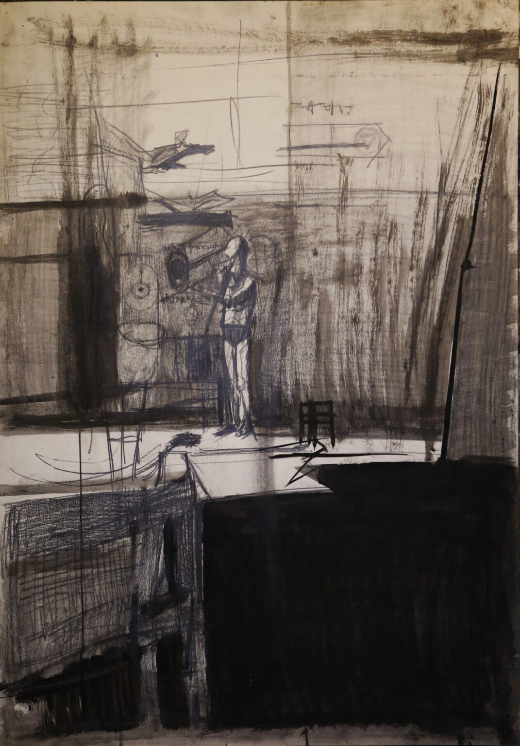 "Franciszek W. w pracowni", Andrzej Zwierzchowski, 1975, ołówek, tusz, 100 x 70 cm