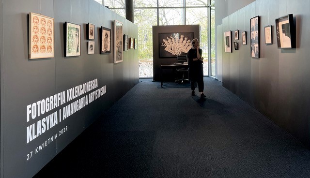 Postać pośrodku przestrzeni wystawowej spogląda na zdjęcia