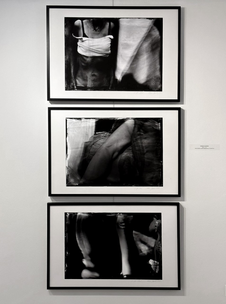 Grupa 3 monochromatycznych, czarno-białych obrazów oprawionych w ramki na białej ścianie.