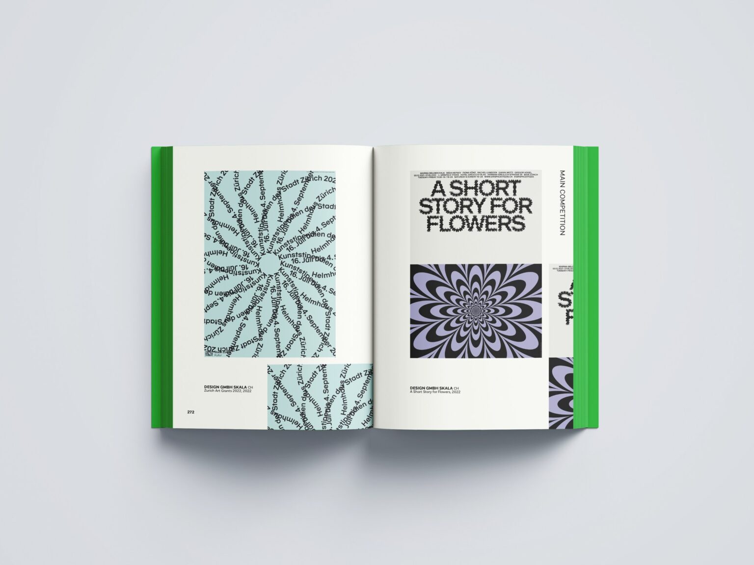 Na otwartej stronie katalogu napis "a short story for flowers" obok kontur kwiatu ułożony z tekstu