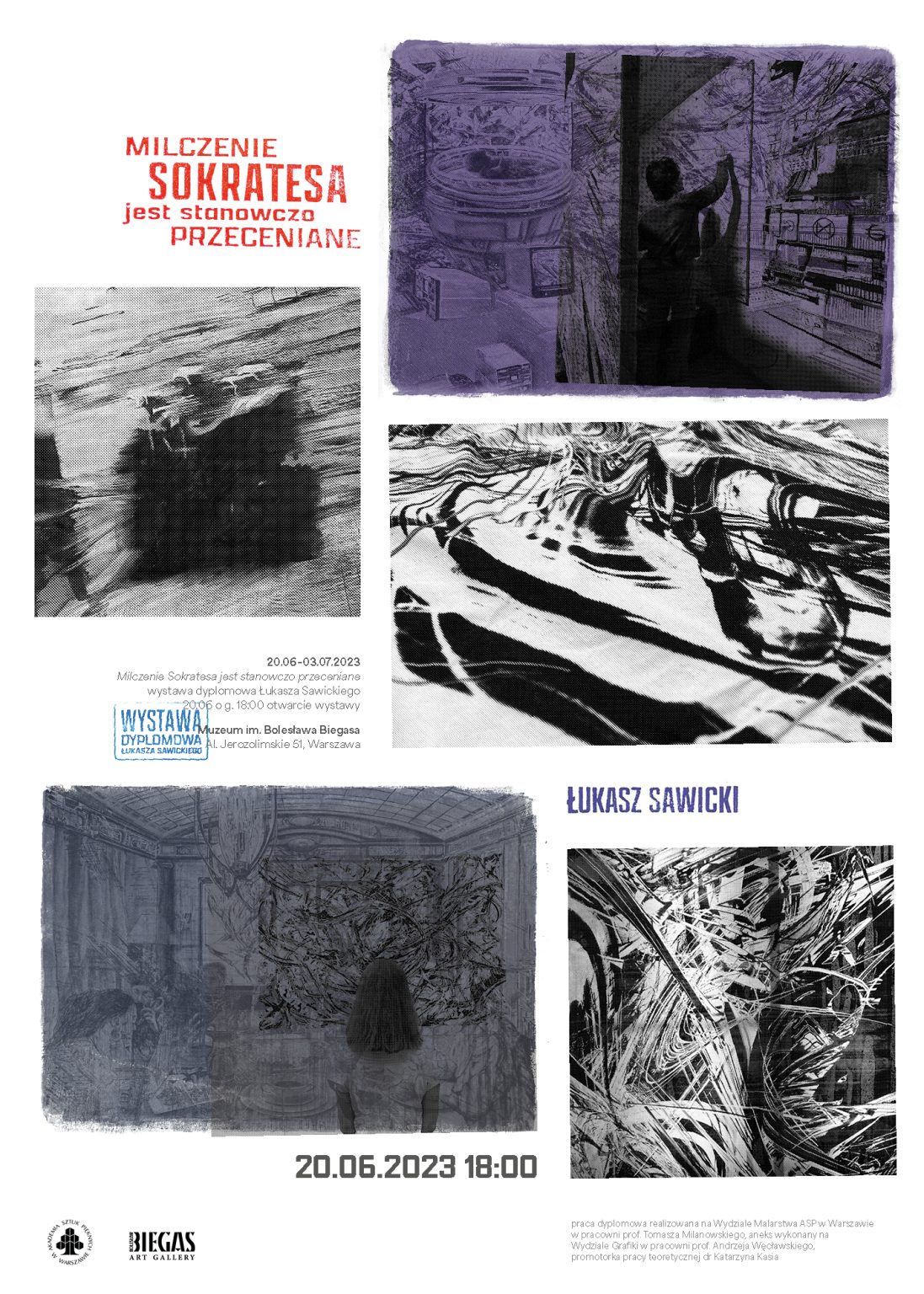 Plakat wydarzenia. Kolaż z obrazami, tekstem, postaciami i logo, m.in. Łukasz Sawicki w Muzeum Biegasa w Warszawie.
