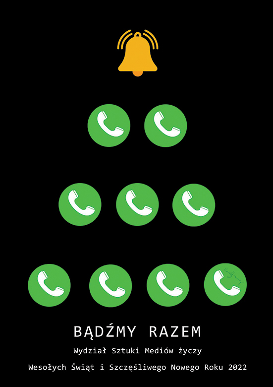Życzenie Bożonarodzeniowe. Tekst "Bądźmy razem" WSM życzy Wesołych Świąt i Szczęśliwego Nowego Roku 2022. Nad nim choinka ułożona z ikonek słuchawki telefonu komórkowego z dzwoneczkiem na szczycie