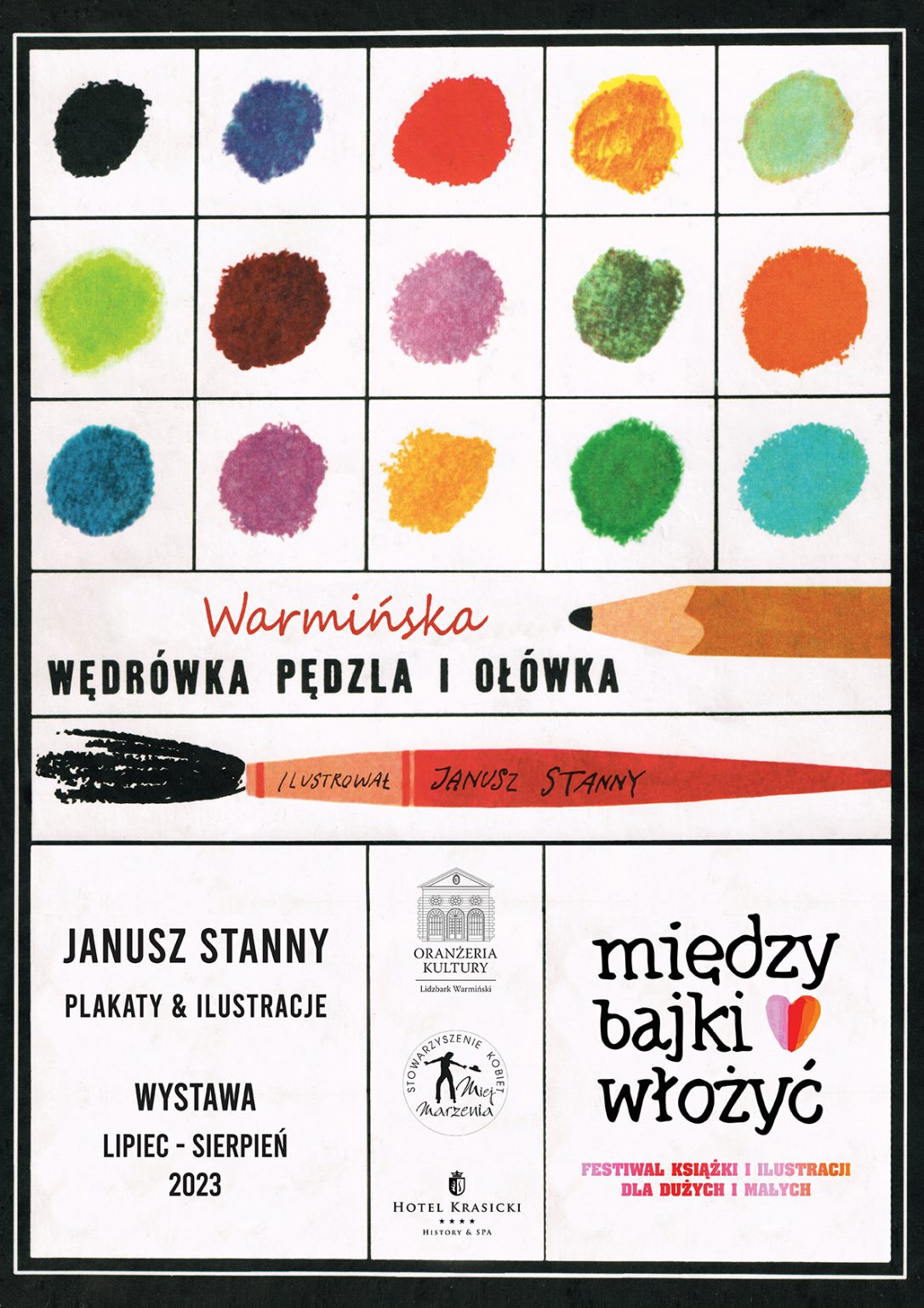 Identyfikacja graficzna wystawy. Na środku napis Warmińska wędrówka pędzla i pióra