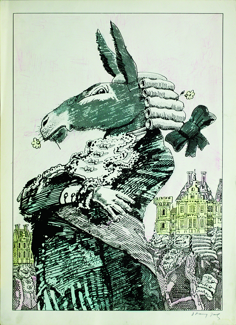 Ilustracja z książki. Osioł ubrany w strój francuskiego markiza trzyma w zębach kwiatek