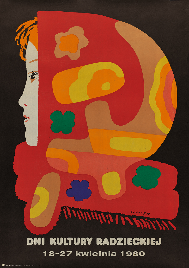 Profilowy rysunek dziewczyny w chustce na głowie, motyw wzoru chustki układa się w sierp i młot