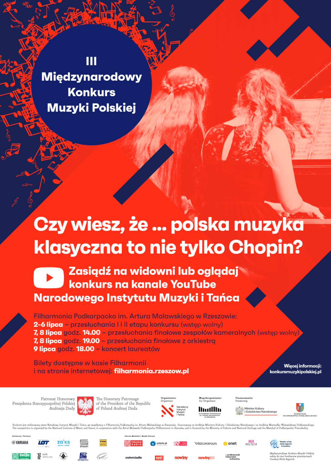 Plakat III Międzynarodowego Konkursu Muzyki Polskiej. Tekst główny: Czy wiesz, że... polska muzyka klasyczna to nie tylko Chopin?". Poniżej terminarz przesłuchań. W tle zdjęcie 2 pianistek