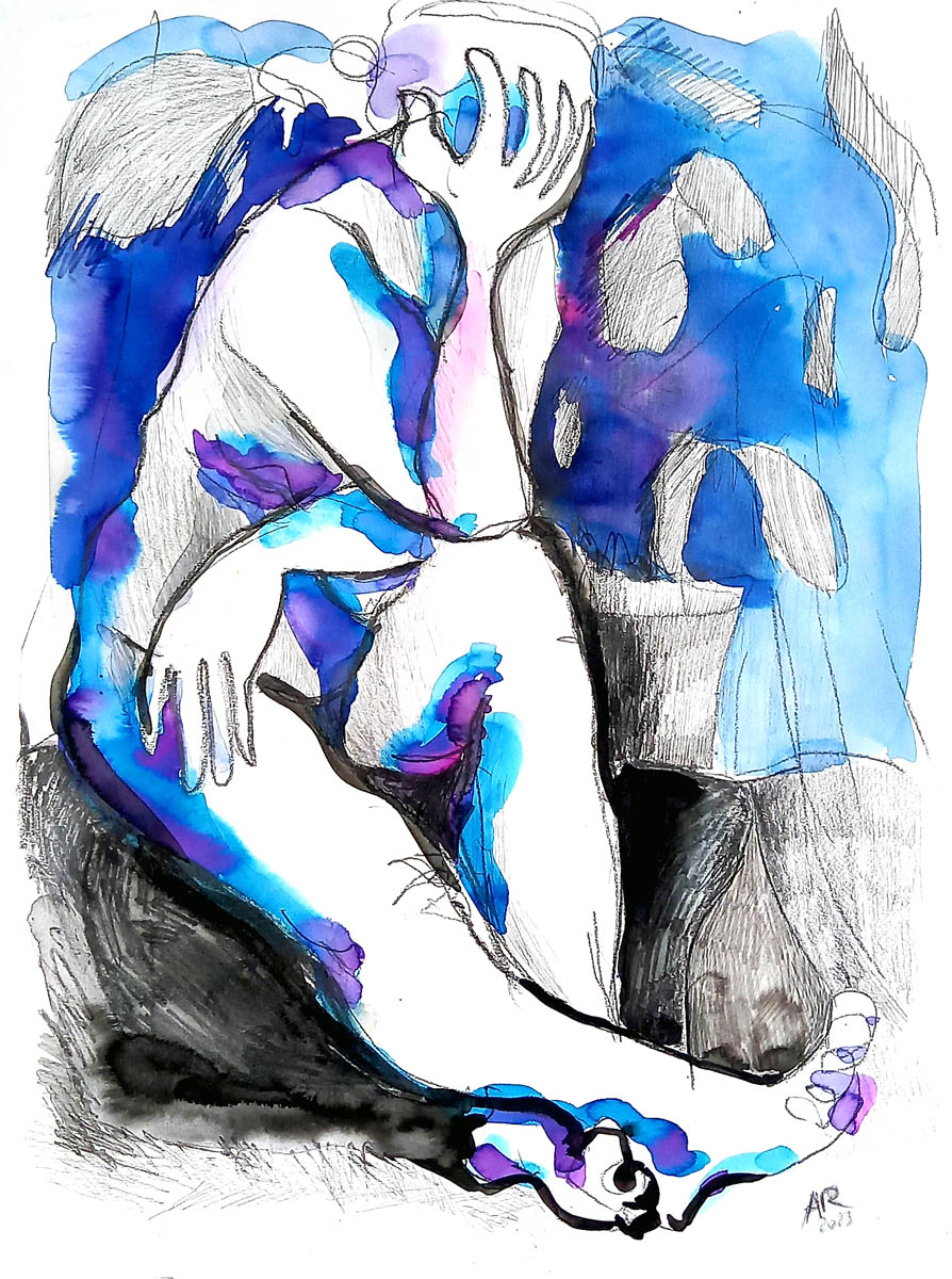 Siedząca postać, kobieta podpiera głowę dłonią