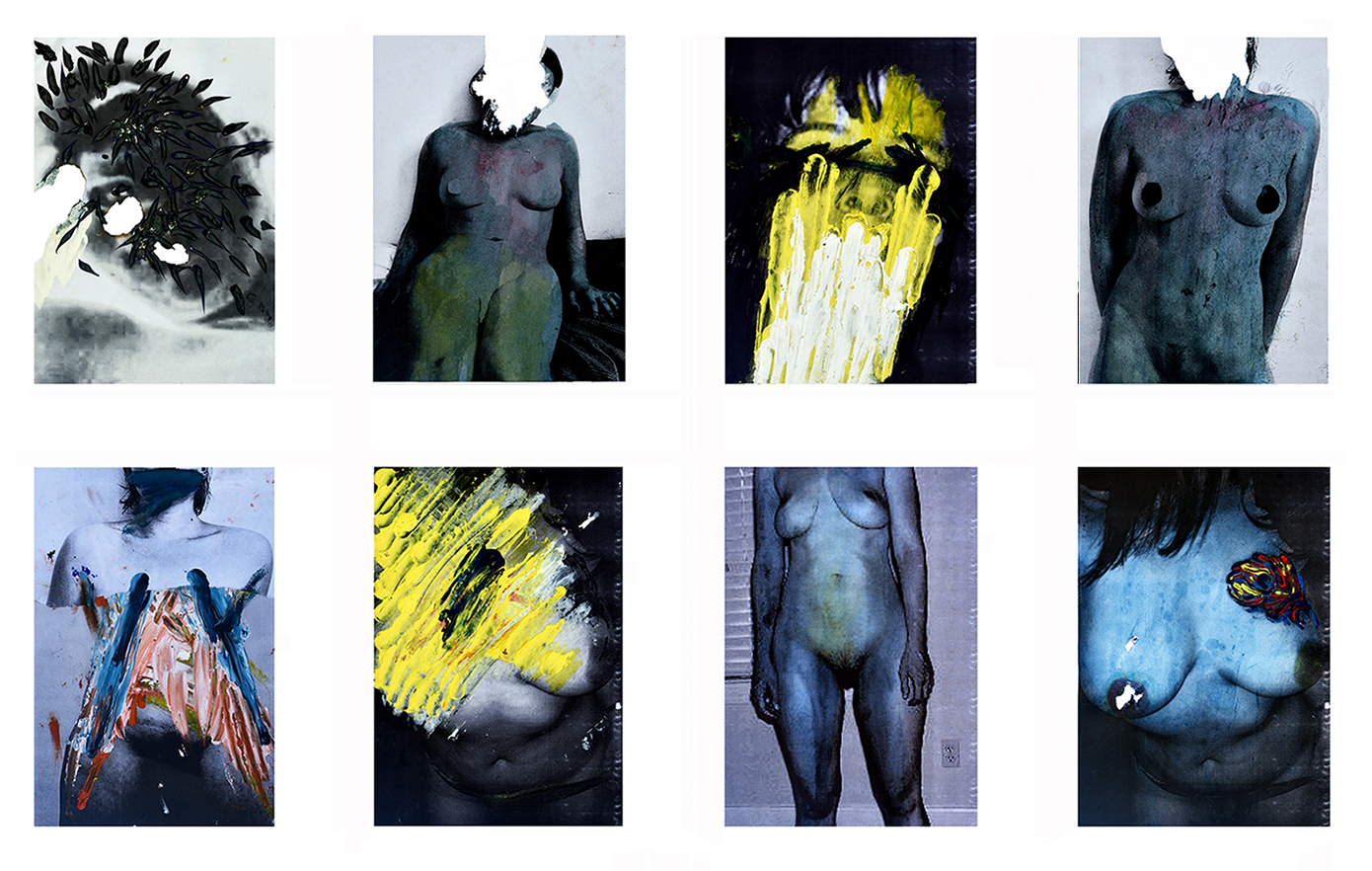 „Portrety/Kamuflaż” (fragment). Olej, akryl, emulsja, pasta olejna, druk cyfrowy, papier. 2014