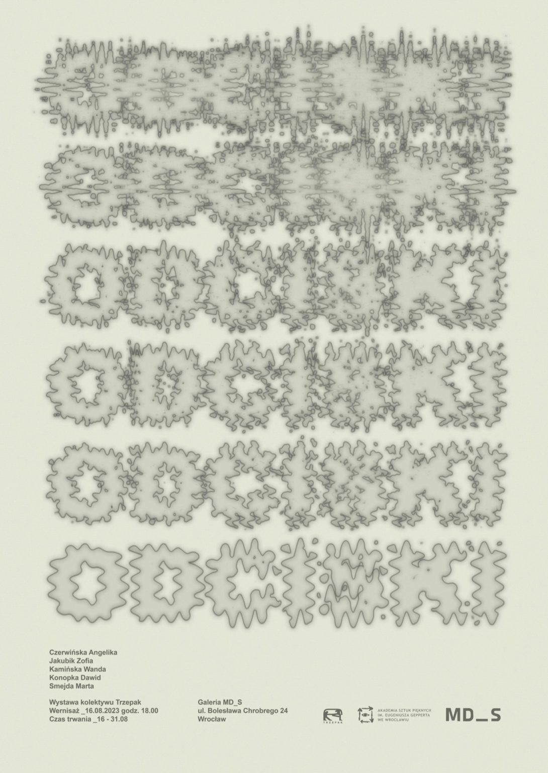 Plakat wystawy. Zniekształcony napis Odciski