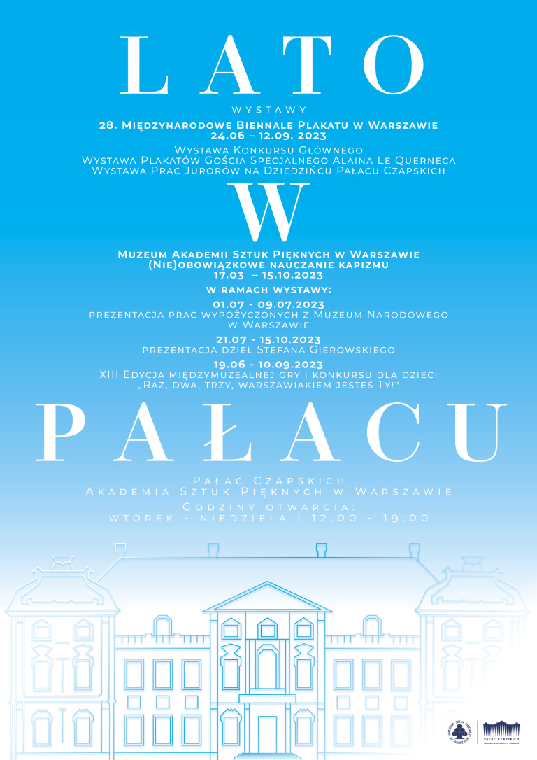 Plakat Lato w Pałacu. U dołu kontur fasady Pałacu Czapskich, na błękitnym tle lista wydarzeń