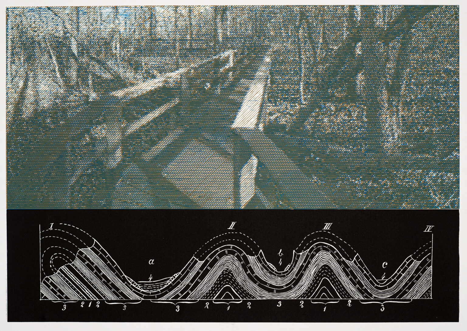 Grafika, linoryt. Krajobraz w odcieniach zieleni połączony z przekrojem geologicznym.
