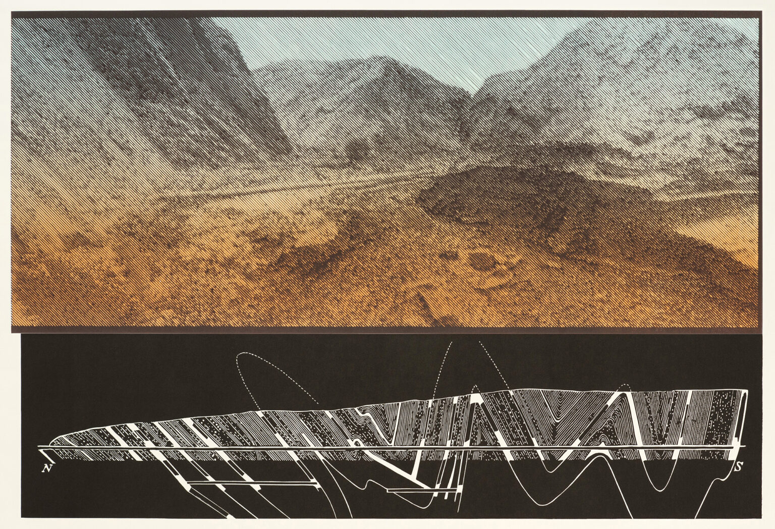 Grafika, linoryt. Górski krajobraz połączony z rysunkiem technicznym.