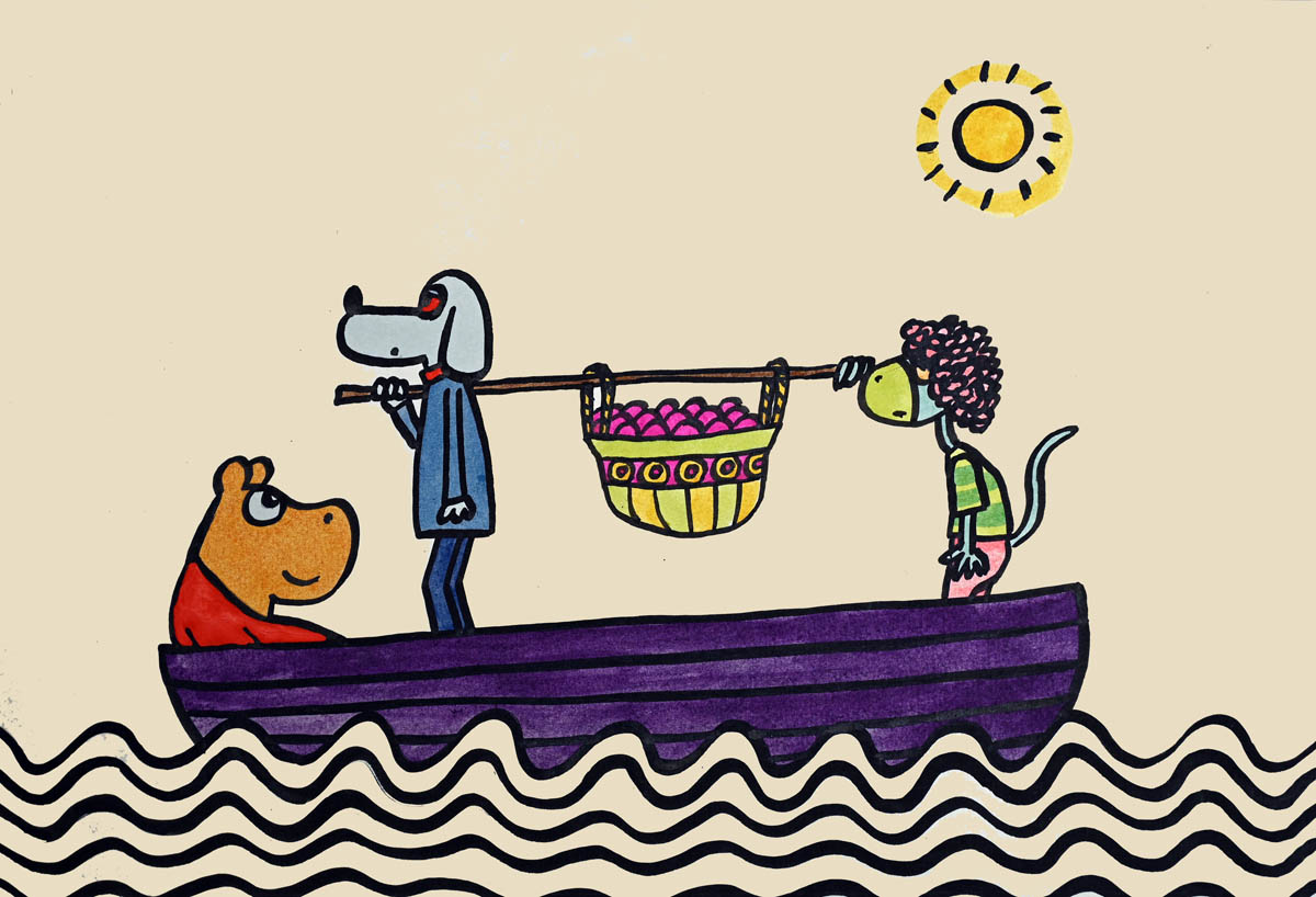 Ilustracja z książki. Bohaterowie na łódce.