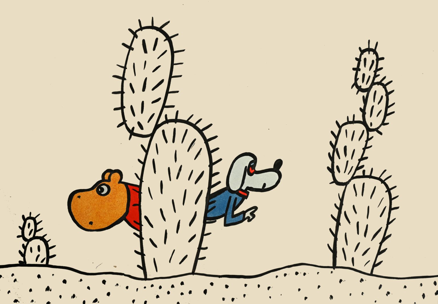 Ilustracja z książki. Bohaterowie wyglądają zza kaktusa