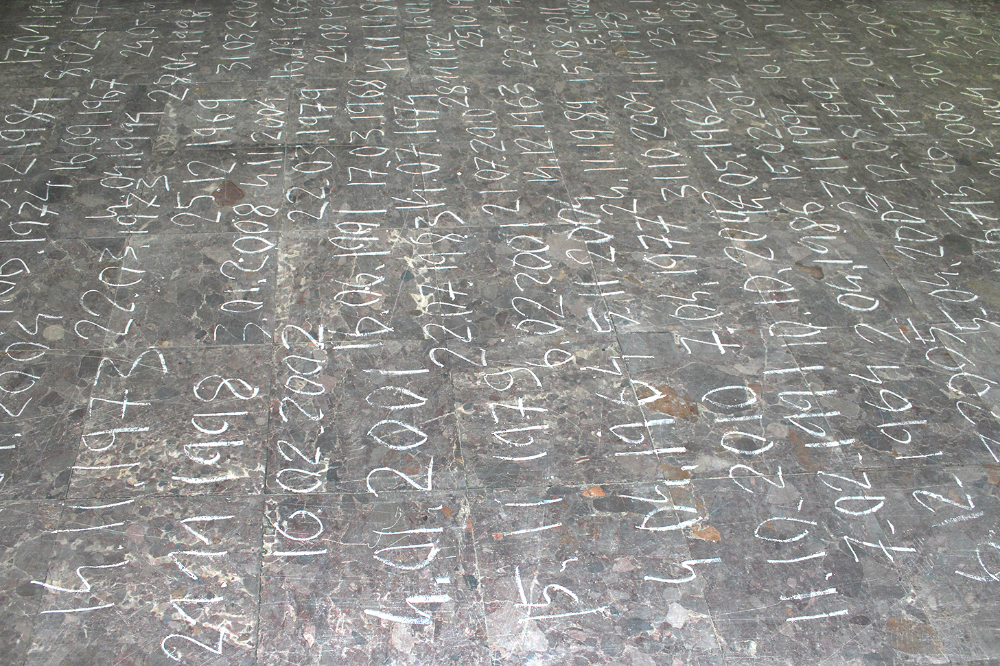 Kamienna podłoga pokryta datami zapisanymi białą kredą