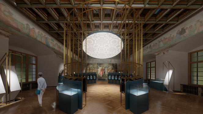 W centrum sali wystawowej zaaranżowana kolista przestrzeń z eksponatami