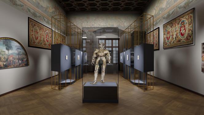 Na środki sali ekspozycyjnej rzeźba na postumencie, po obu stronach stelażach prezentowane małe obrazki