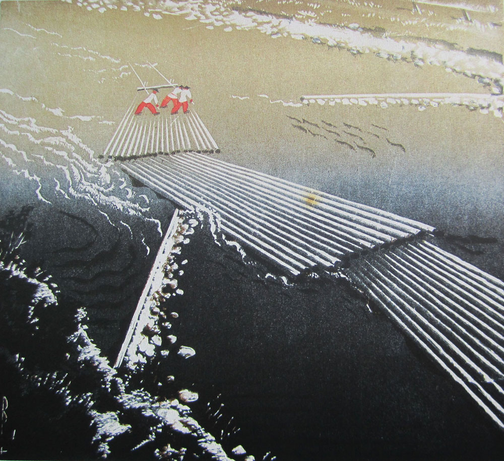 Praca przedstawia postaci ludzkie – flisaków, płynących na tratwach wykonanych z długich pali. Grafika jest wielobarwna tło jest spokojne w kolorach ziemistych i błękitach. Rzeka którą płyną tratwy jest wzburzona, na niebieskiej tafli widać białą pianę, fale.