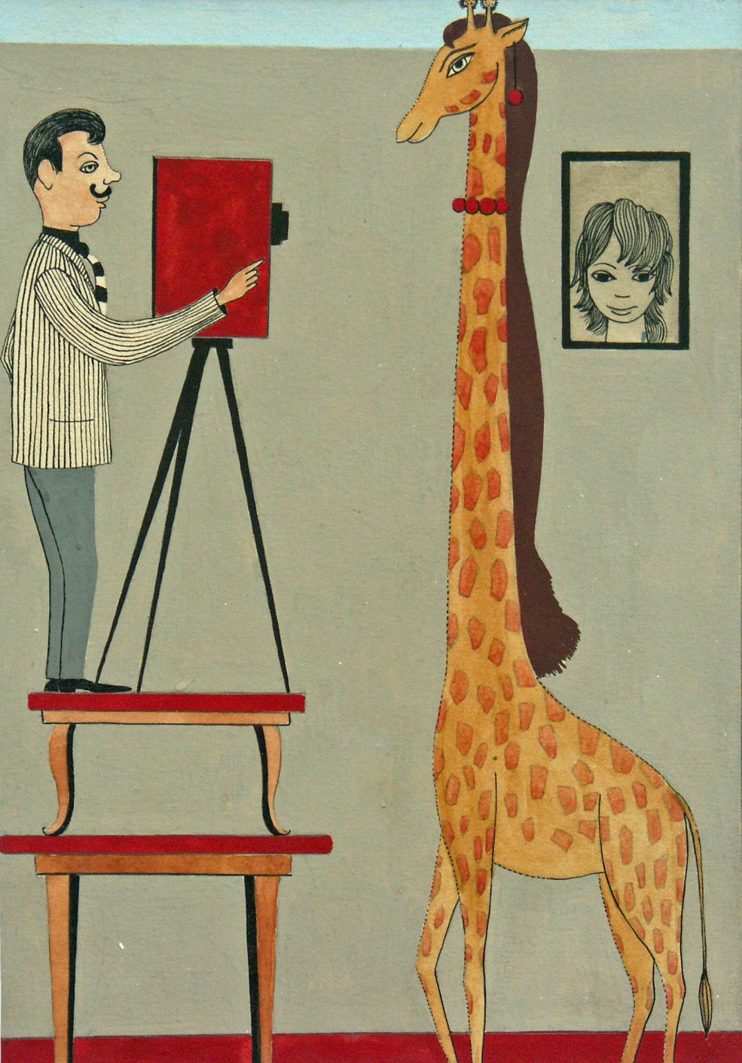 Ilustracja z książki. Fotograf robi zdjęcie żyrafie stojąc na podwyższeniu z mebli