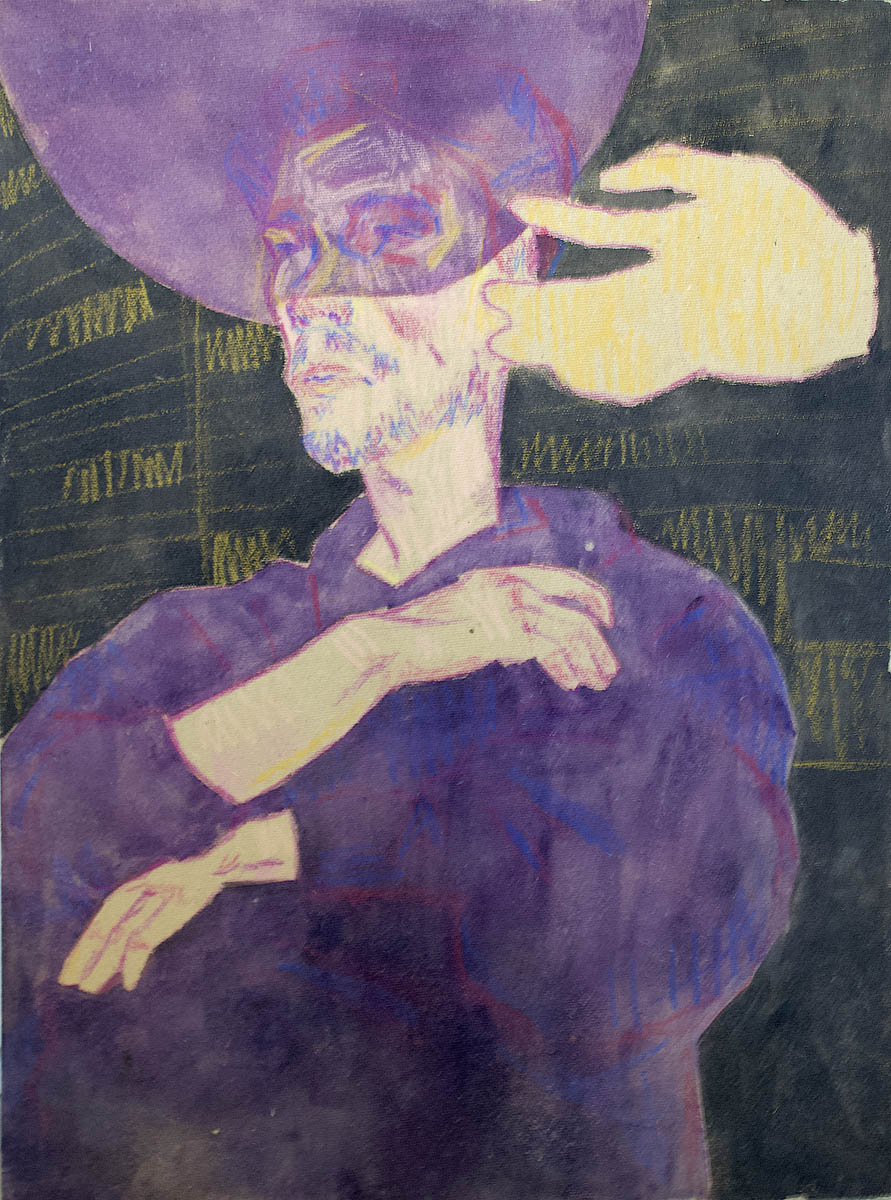 Portret mężczyzny widzianego z dołu, przesłoniony dłonią i cieniem od miski. Głównie w odcieniach błękitu i fioletu z żółtymi, pomarańczowymi i żółtymi akcentami.