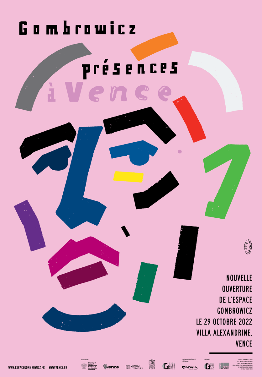 Kolorowe motywy graficzne tworzące obrys twarzy na różowym tle