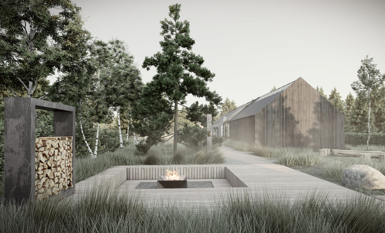 Wizualizacja komputerowa projektu. Palenisko w ogrodzie