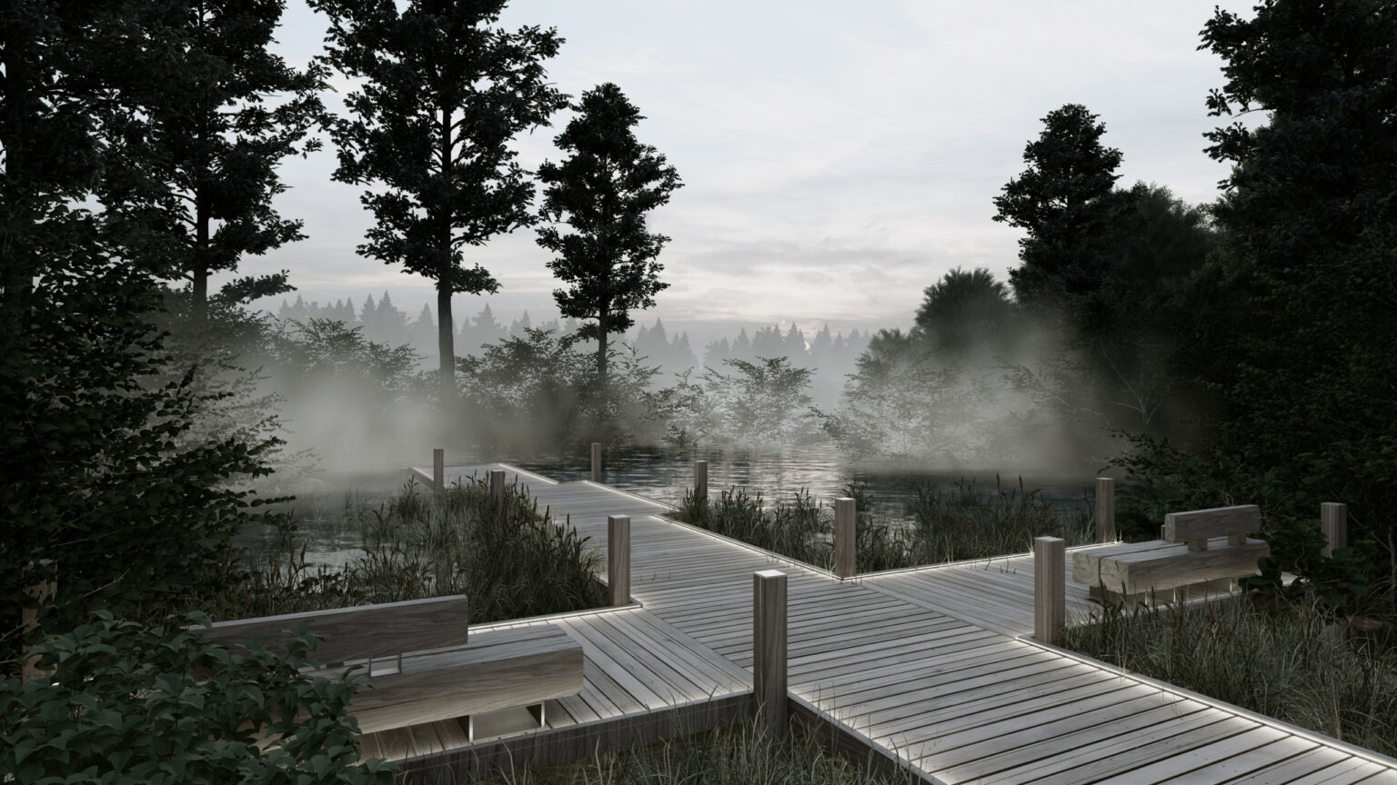 Wizualizacja komputerowa projektu. Pomost nad stawem, na obu bokach platformy z ławczkami