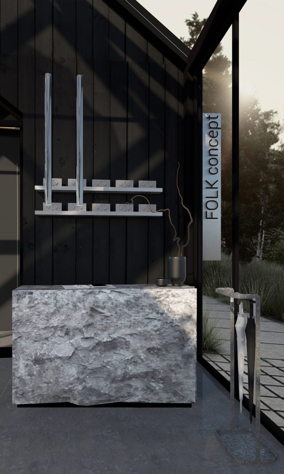 Wizualizacja komputerowa projektu. W przestrzeni wejściowej lada recepcyjna