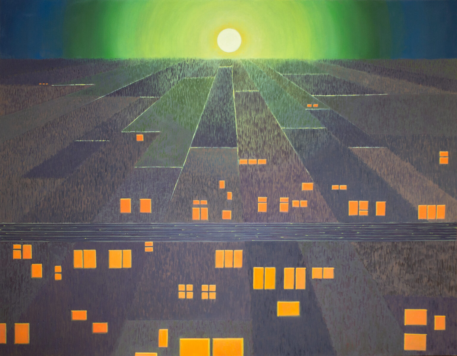 Droga stworzona z szarych prostokątów, w tle widać słońce.