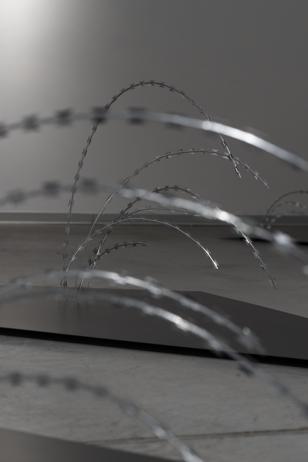 Zbliżenie na ekspozycję z drutów. Kształt przypomina trzcinę.