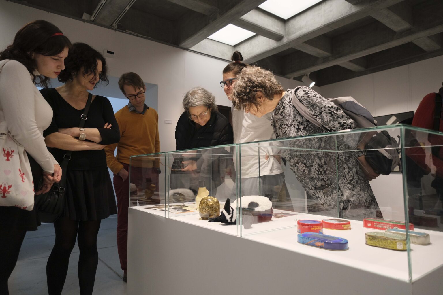 Zwiedzający pochyleni nad szklaną gablotą z eksponatami