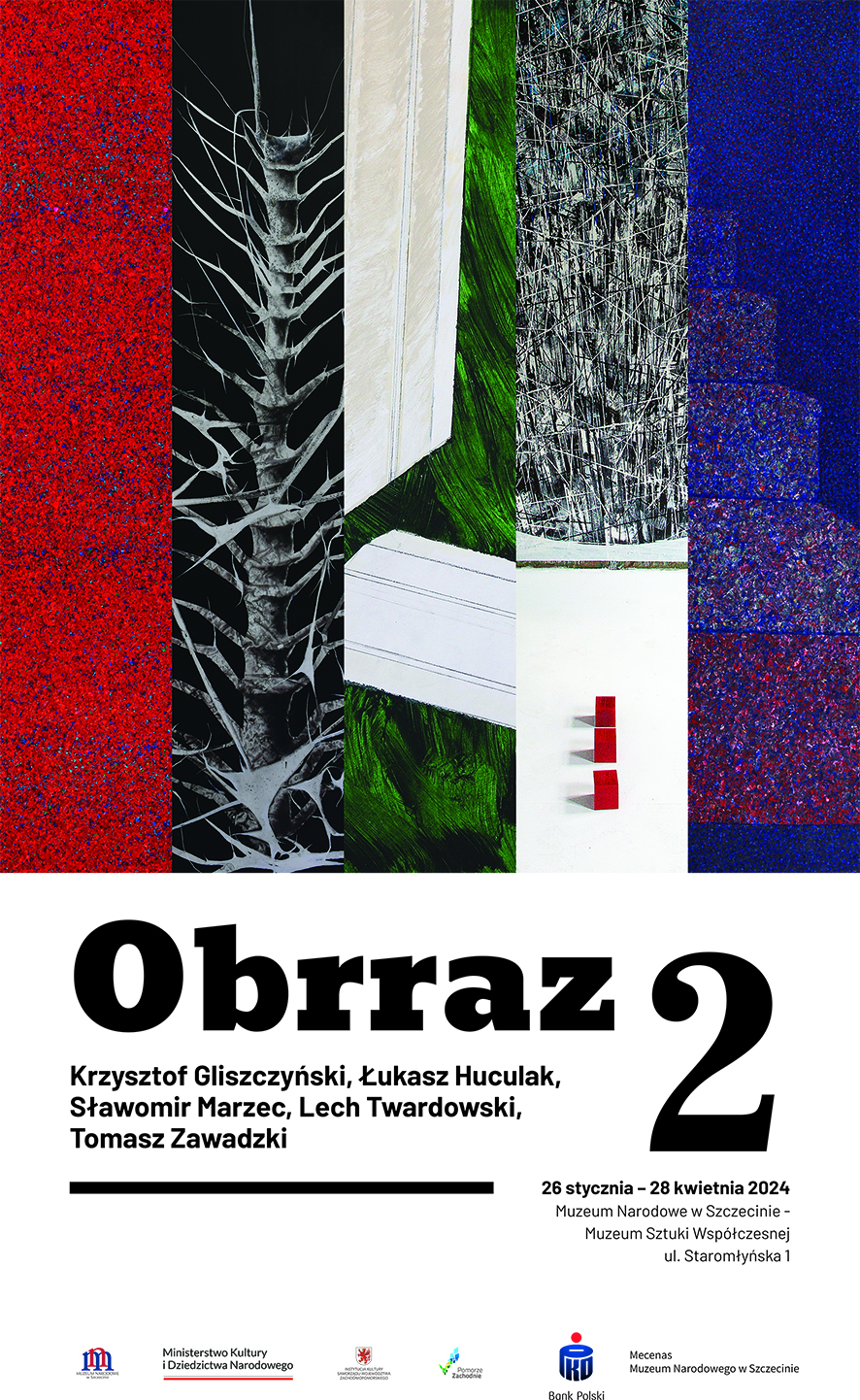 Plakat promujący wystawę z czarnym napisem "Obrraz 2".