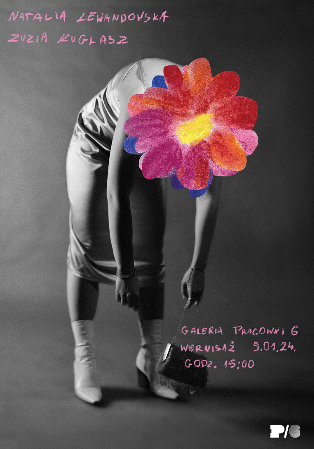 Plakat przedstawiający pochyloną postać kobiety z kwiatem zamiast głowy.