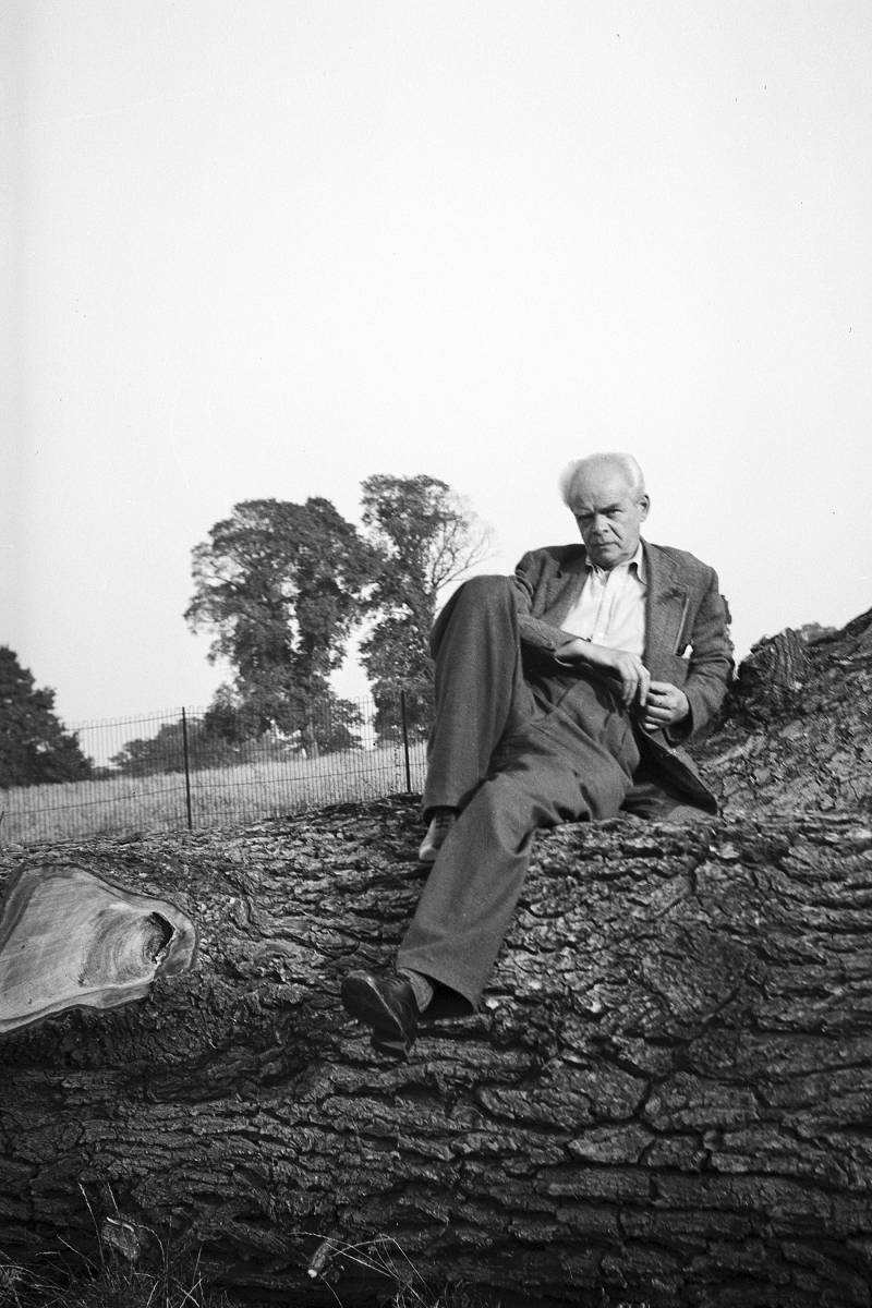 Czarno-biały portret starszego męzczyzny siedzącego na pniu leżącego drzewa