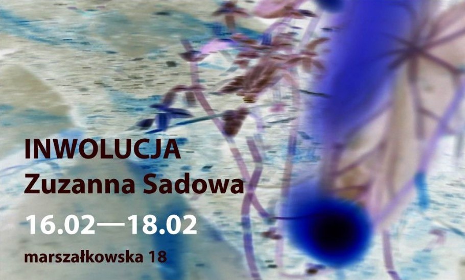 Grafika promująca wystawę w kolorach seledynowym i fioletowym