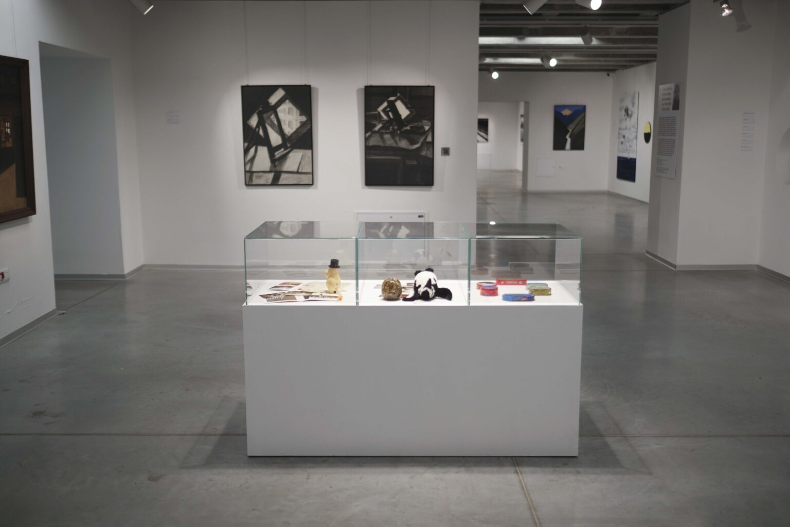 Widok wystawy. Gablota z eksponatami. Obrazy w tle