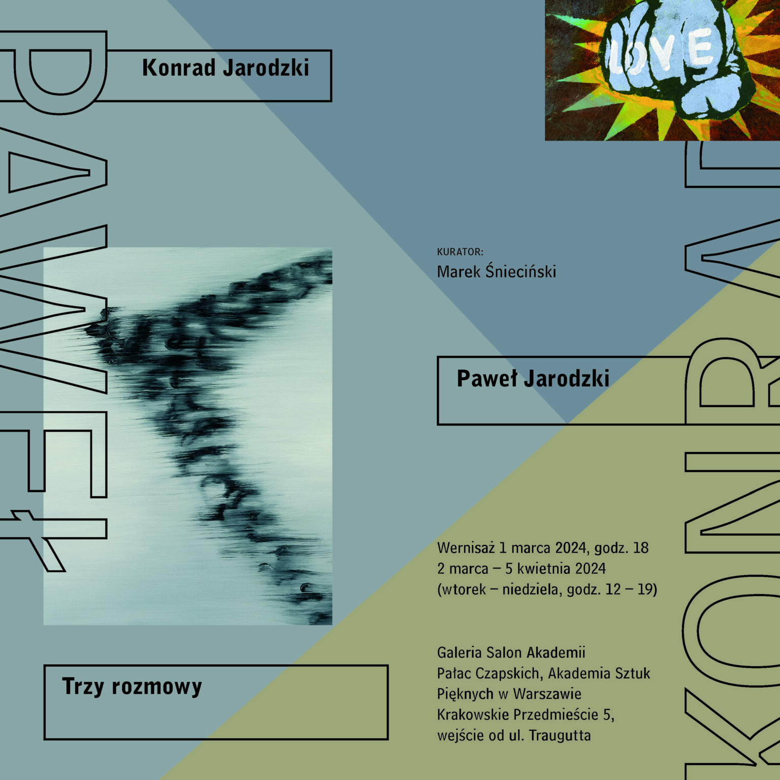 Identyfikacja graficzna wystawy zawierająca reprodukcje prac artystów