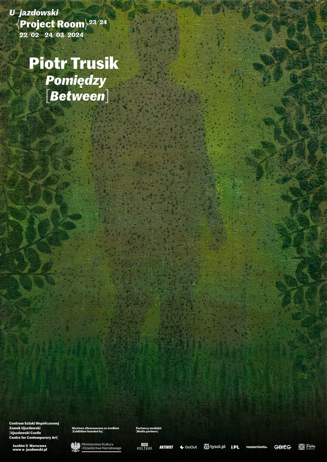 Plakat promujący wystawę. Sylwetka człowieka na zielonym tle, otoczona lisćmi