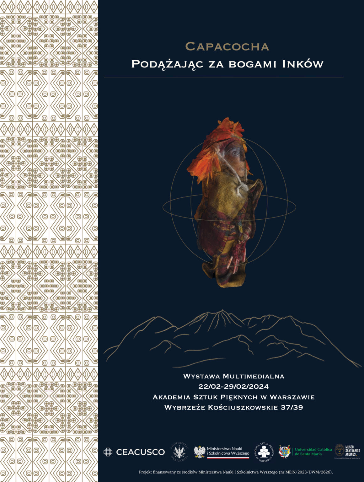 Plakat wystawy przedstawiający rysunek postaci unoszącej się nad graficznym przedstawieniem gór