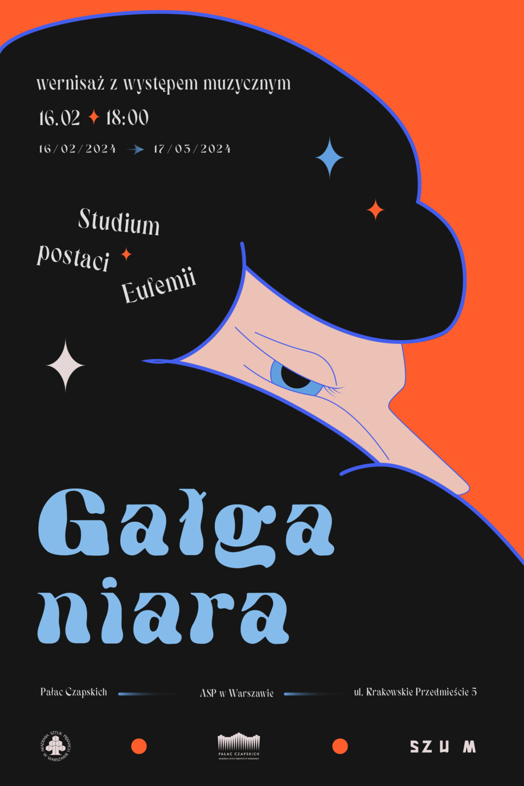 Profil twarzy kobiecej na pomarańczowym tle, z błękitnym napisem "Gałganiara"