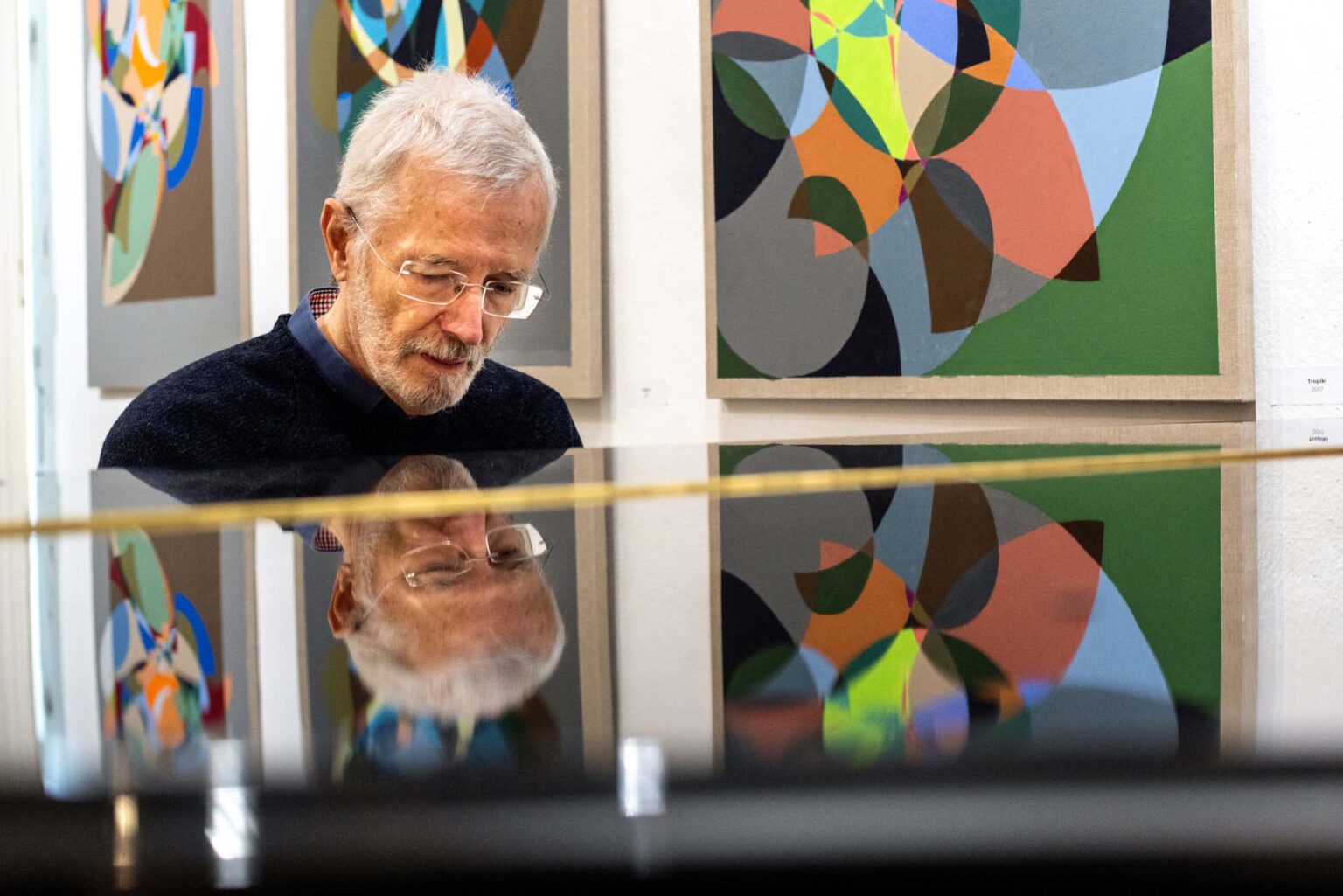 Zbliżenie na męzczyzne przy fortepianie. Obrazy w tle